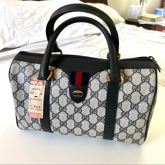 Gucci Handbags - NEW Gucci GG Plus Web Boston Bag Vintage Dark Blue Leather / Coated Canvas Print